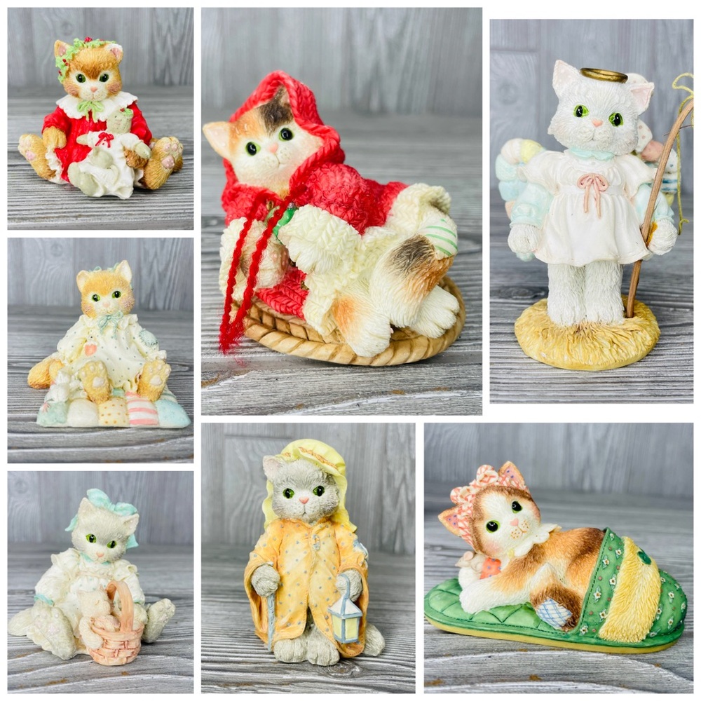 Calico kittens cat figurines nativity , miscellaneous cat decorations lot of 7